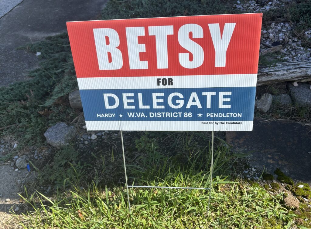 Red-white-and-blue campaign yard sign, "Betsy for Delegate"